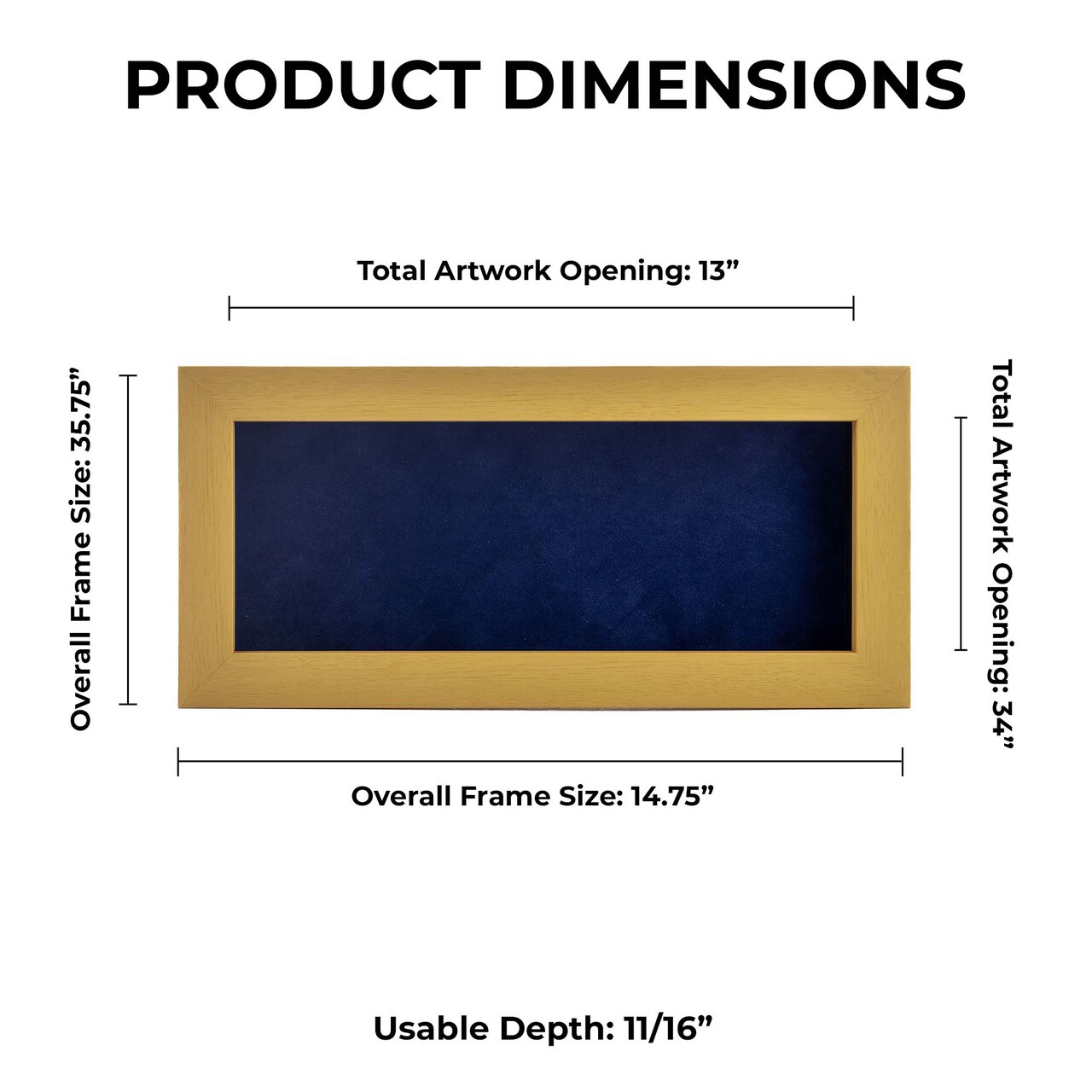Classic Natural Wood Shadow Box Frame with Acrylic Front - Navy Blue Suede Backing, 30 Sizes